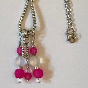 Necklace handmade 3 tier dangle silver tone hot pink & clear glass/beads OOAK